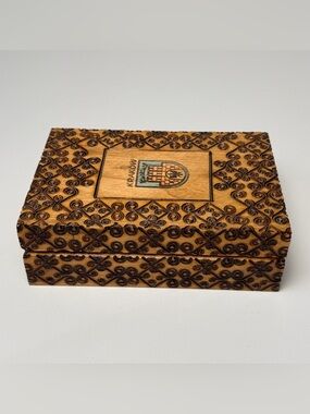 Vintage Wood Hand carved Trinket Box with Mirror Krakow Crest Printed Poland